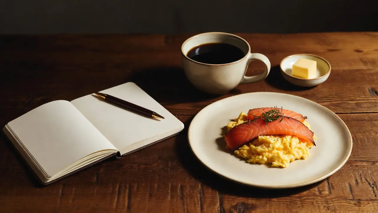 A nourishing low-carb breakfast with scrambled eggs, smoked salmon, black coffee and an open notebook on a dark oak table