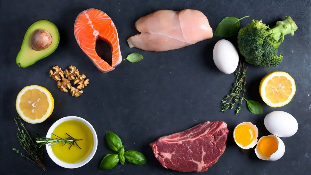 Fresh low-carb ingredients including salmon, avocado, eggs and leafy greens